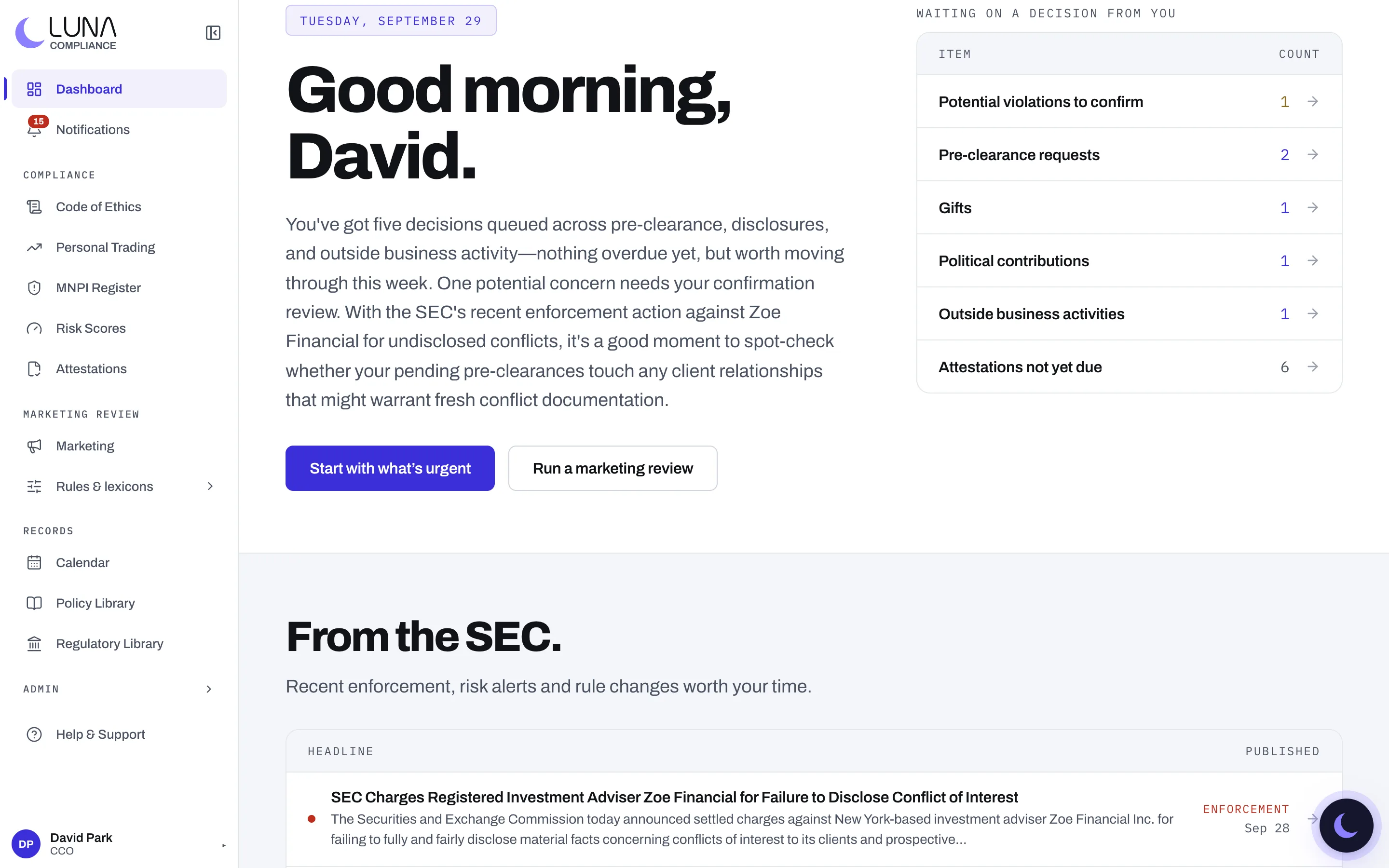 Luna's dashboard: a morning briefing, the items waiting on a decision from the compliance officer, and recent SEC news.