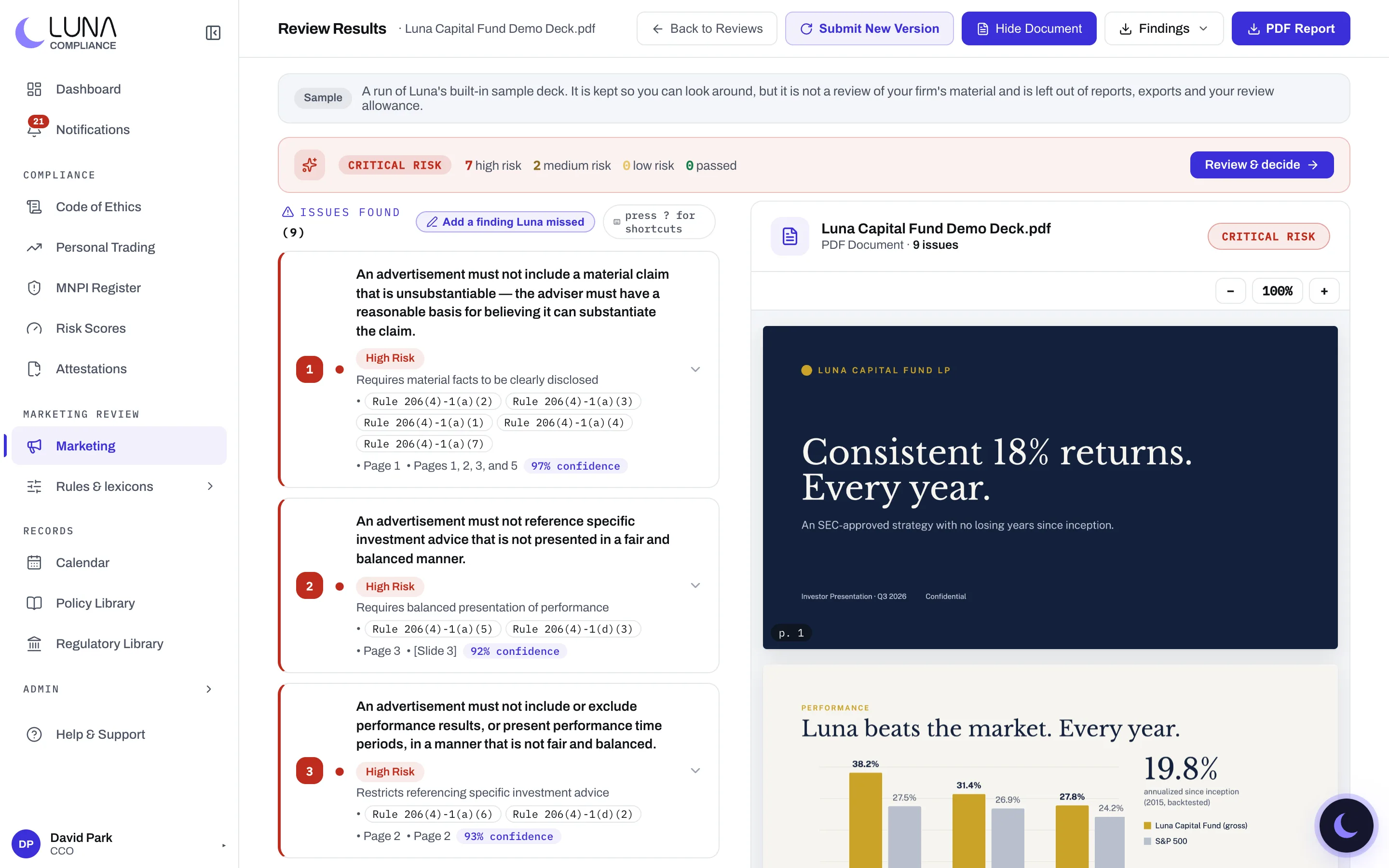 Review results for a sample investor deck: findings with severity, rule citations, page and slide references and confidence scores, beside the rendered PDF.