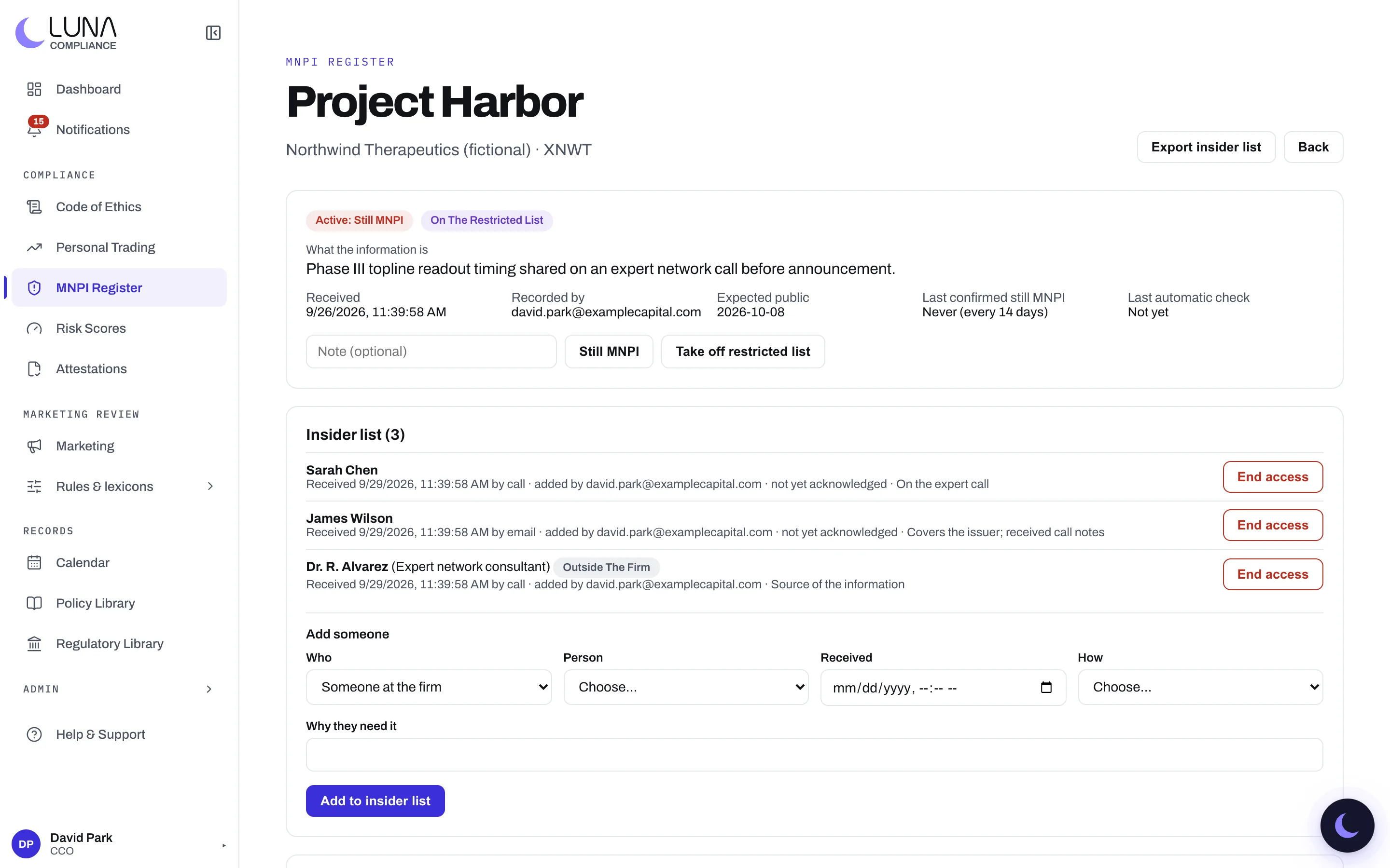 A matter in Luna's MNPI register, code named Project Harbor, about a fictional issuer: the information, when it was received, its expected public date, a restricted list badge, and an insider list of three people including an outside expert network consultant.