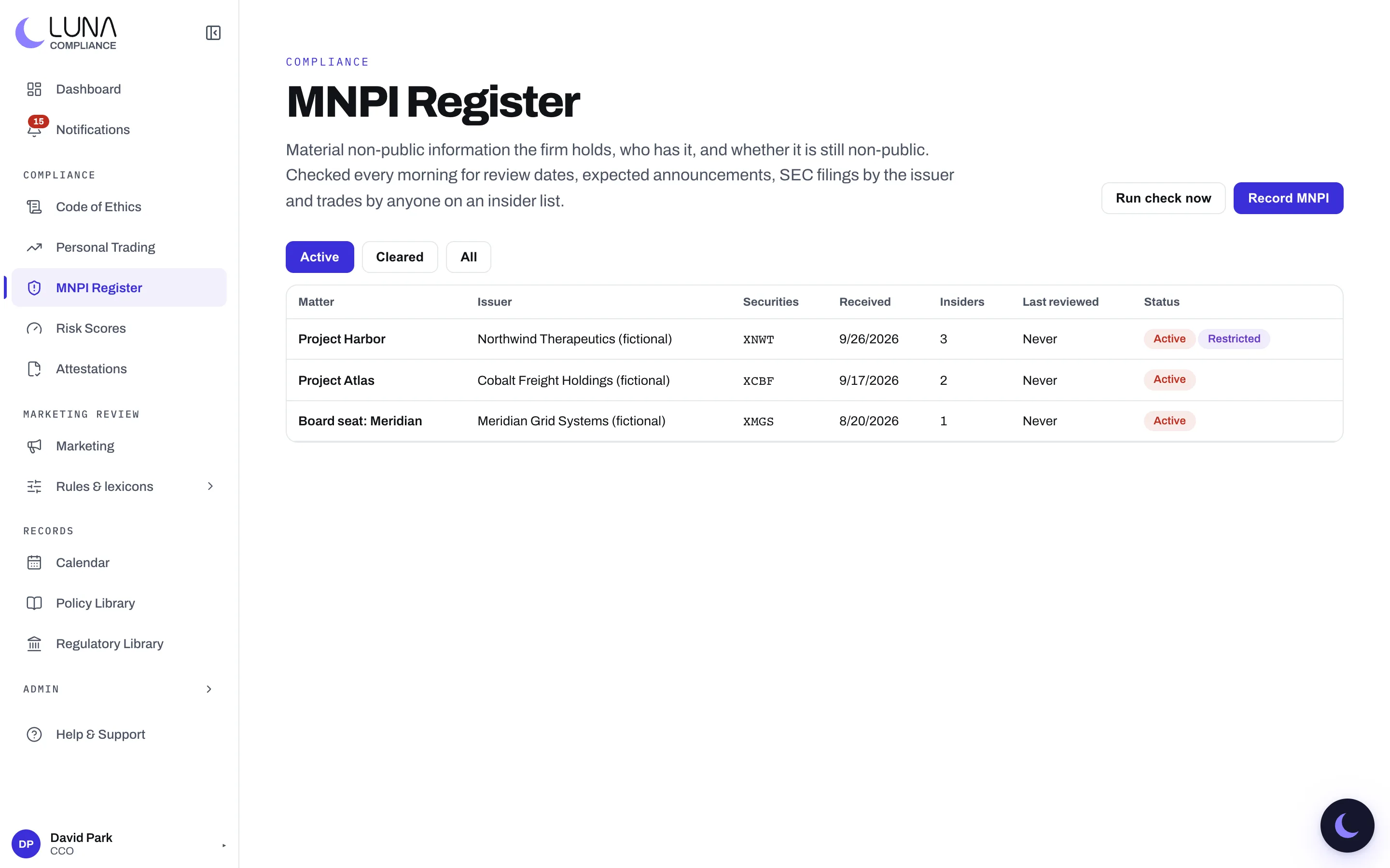 Luna's MNPI register listing three open matters about fictional issuers, with their securities, when each was received, how many insiders it has and whether it is on the restricted list.