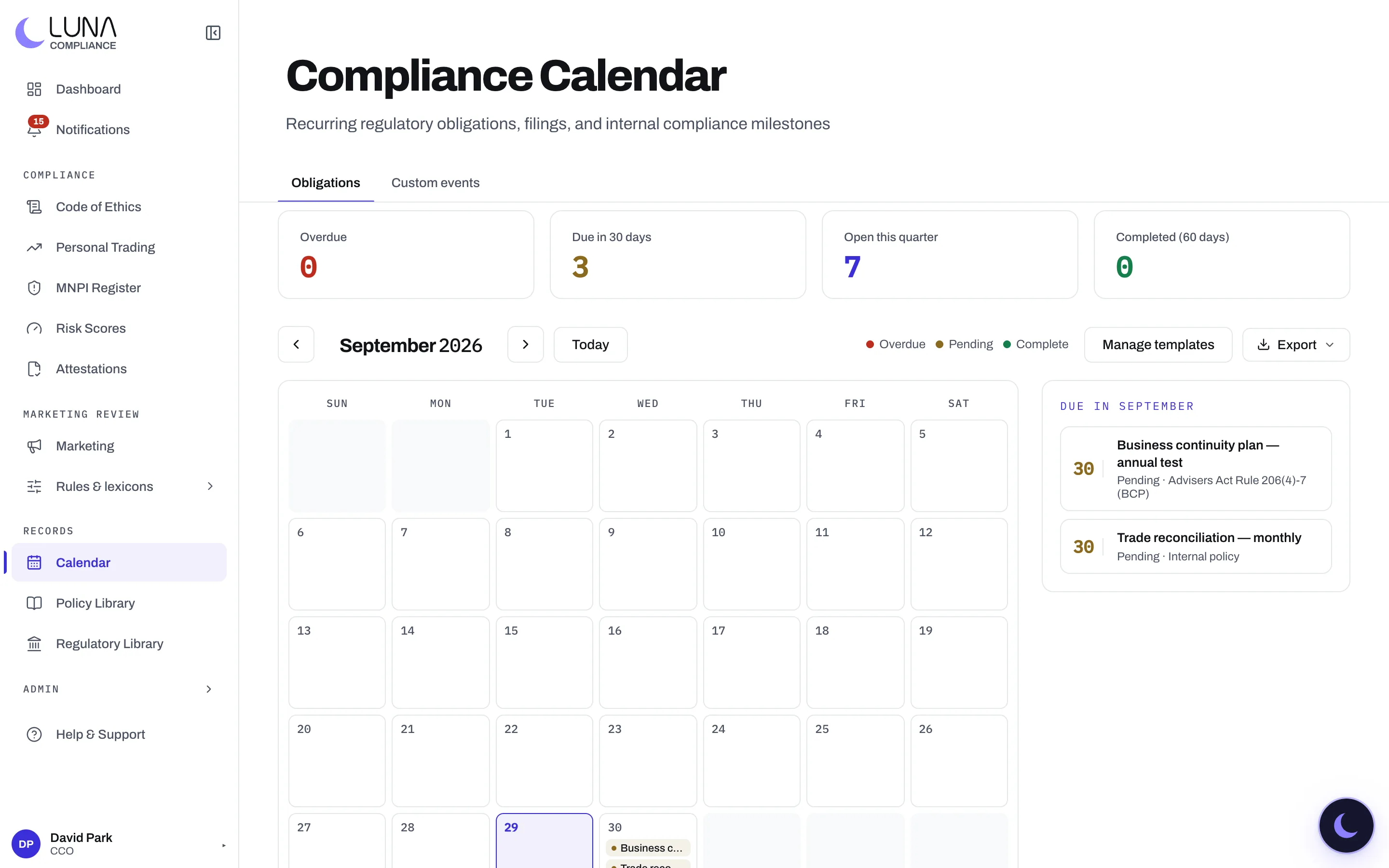 Luna's compliance calendar for September 2026: counts of overdue, due in thirty days, open this quarter and completed, a month grid with obligations on their due dates, and a list of what is due this month with the rule each one comes from.