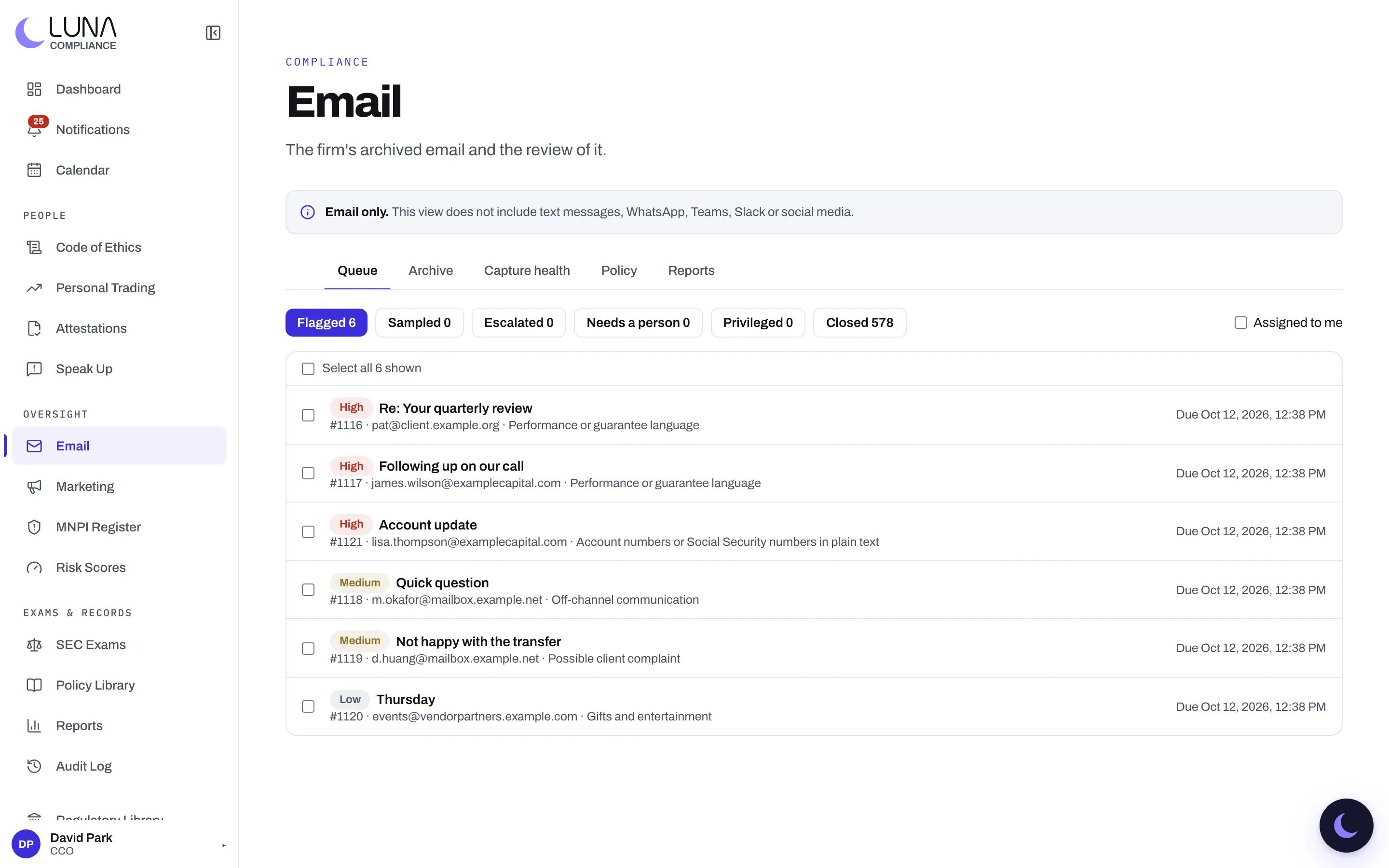 Luna's email review queue for a fictional firm, listing flagged messages with their findings: performance guarantee language, a request to move to text messages, a client complaint, an invitation to a sporting event and an account number in plain text.
